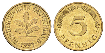 ФРГ 5 пфеннигов 1991 F KM 107, J. 382 сталь плакированная латунью aUNC 4697-554