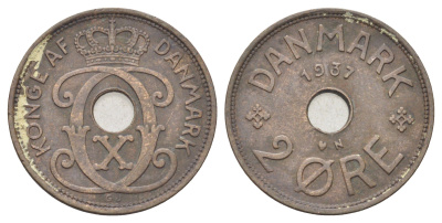 Дания 2 эре 1937 N, Кристиан X (1912-1947) KM 827 бронза 4701-854