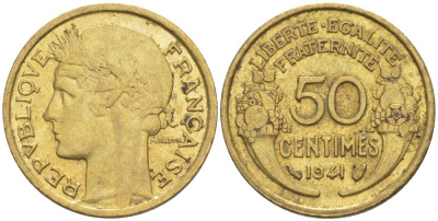 ФРАНЦИЯ 50 САНТИМОВ 1941 ТИП MORLON KM 894.1, LE FRANC 192.18 алюминиевая бронза 44-525