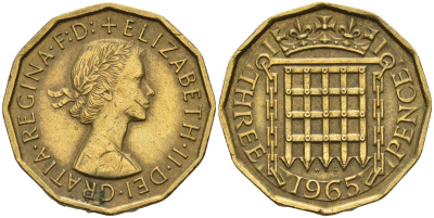Великобритания 3 пенса 1965 Елизавета II (1952-2022) KM 900, Spink 4153 никель латунь 4153-333