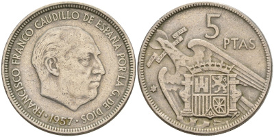 Испания 5 песет 1957 (64) Франсиско Франко (1939 - 1975) KM 786 медно-никель 4155-541