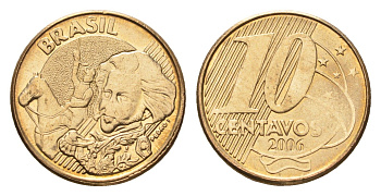 Бразилия 10 сентаво 2006 KM 649 сталь плакированная латунью 4686-741