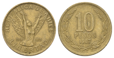 Чили 10 песо 1987 KM 218 латунь 4689-245