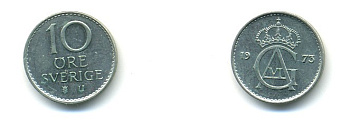 Швеция 10 эре 1973 U, Густав VI Адольф (1950-1973) KM 835 медно-никель 80-766