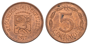 Венесуэла 5 сентимо 1977 Y 49 сталь плакированная медью 116-956