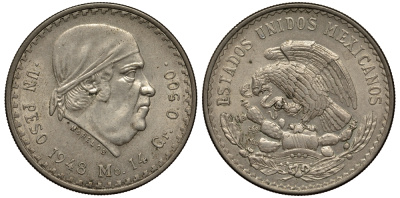 Мексика 1 песо 1947 Хосе Мария Морелос KM 456 серебро XF-UNC 118-923