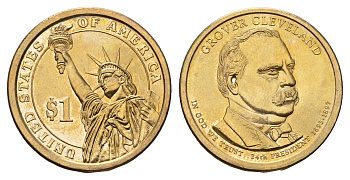 США 1 доллар 2012 P, Президент США - Гровер Кливленд (1893–1897) KM 527 медь с марганцево-латунным покрытием UNC 4698-944