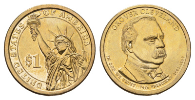 США 1 доллар 2012 P, Президент США - Гровер Кливленд (1893–1897) KM 527 медь с марганцево-латунным покрытием UNC 4698-944