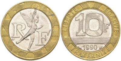 Франция 10 франков 1990 тип Гений Бастилии KM 964.1, Le Frank 375.5 биметалл 4519-245