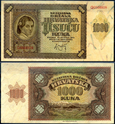 Хорватия 1000 кун 1941 Pick 4 a бумага 7548-101-1-1