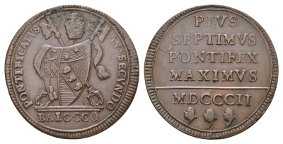 Папская область 1 байокко 1802 MDCCCII, Пий VII (1800-1823), год-тип KM 1267 медь 1529-1441