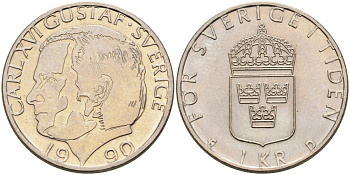 Швеция 1 крона 1990 Карл XVI Густав (1973- ) KM 852а медно-никель UNC 4582-514