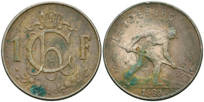 Люксембург 1 франк 1960 сталевар KM 46.2 медно-никель 4364-1836