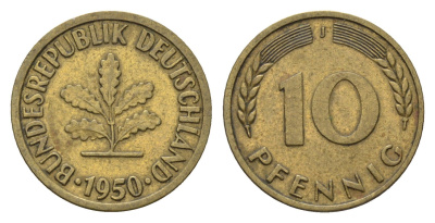 ФРГ 10 пфеннигов 1950 J KM 108, J. 383 сталь плакированная латунью 4684-243