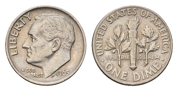 США 1 дайм (10 центов) 1965 Рузвельт KM 195a медь плакированная медно-никелем 4685-522