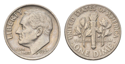 США 1 дайм (10 центов) 1965 Рузвельт KM 195a медь плакированная медно-никелем 4685-522