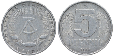 ГДР 5 ПФЕННИГОВ 1968 A KM 9.1 алюминий 62-127