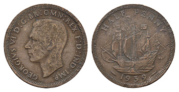 Великобритания 1/2 пенни 1939 Георг VI (1936-1952) KM 844, Spink 4115 бронза 4699-422