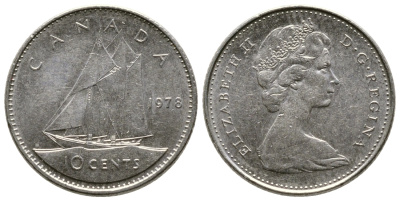 КАНАДА 10 ЦЕНТОВ 1978 ПАРУСНИК, ЕЛИЗАВЕТА II KM 77.1 никель 179-1064