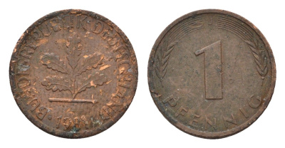 ФРГ 1 пфенниг 1981 J KM 105, J. 380 сталь плакированная медью 4685-335
