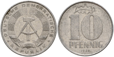 ГДР 10 пфеннигов 1968 A KM 10 алюминий 55-455