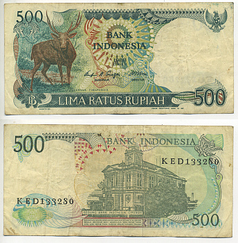 Индонезия 500 рупий 1988 Тиморский олень Pick 123 а бумага 7553-16-1