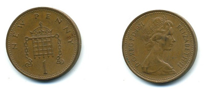 Великобритания 1 пенни 1971 Елизавета II (1952-2022) KM 915, Spink 4237 (B1) бронза 4110-716