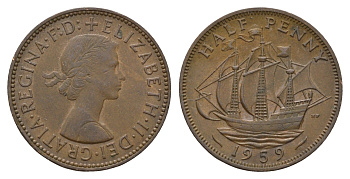 Великобритания 1/2 пенни 1959 Елизавета II (1952-2022) KM 896, Spink 4158 бронза 94-926