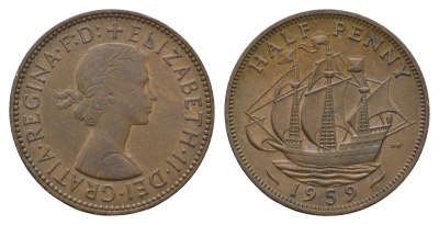 Великобритания 1/2 пенни 1959 Елизавета II (1952-2022) KM 896, Spink 4158 бронза 94-926