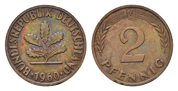 ФРГ 2 пфеннига 1960 F KM 106, J. 381 бронза 4532-1155