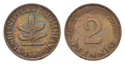 ФРГ 2 пфеннига 1960 F KM 106, J. 381 бронза 4532-1155
