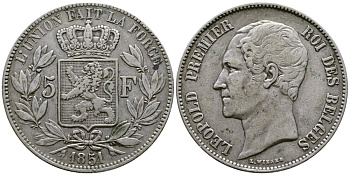 Бельгия 5 франков 1851 Леопольд I (1831-1865) KM 17 серебро 1067-3-62