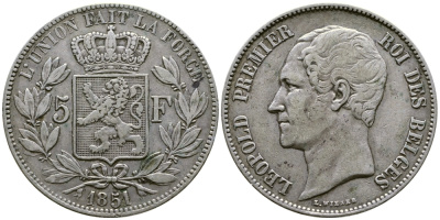 Бельгия 5 франков 1851 Леопольд I (1831-1865) KM 17 серебро 1067-3-62