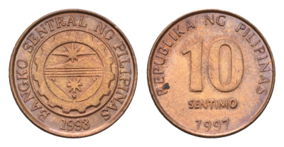 Филиппины 10 сентимо 1997 KM 270 сталь плакированная медью UNC 4396-645