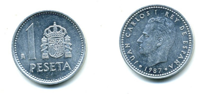 ИСПАНИЯ 1 ПЕСЕТА 1987 ХУАН КАРЛОС I (1975-) KM 821 алюминий 54-243
