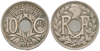 Франция 10 сантимов 1923 KM?866a, Le Franc 138/9 медно-никель 4584-523