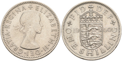 Великобритания 1 шиллинг 1960 Елизавета II (1952-2022), Английский герб KM 904, Spink 4147 медно-никель 4592-312