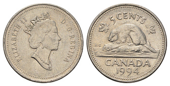 Канада 5 центов 1994 Елизавета II (1952-2022), бобр KM 182 медно-никель 4689-437