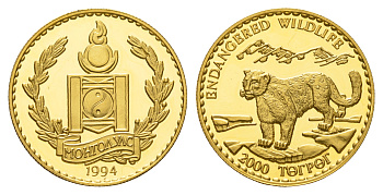 Монголия 2000 тугриков 1994 снежный леопард KM 113 золото  PROOF  10-010-20