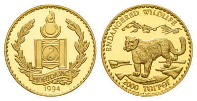 Монголия 2000 тугриков 1994 снежный леопард KM 113 золото  PROOF  10-010-20