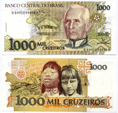 Бразилия 1000 крузейро ND (1991) серия A 8445, Кандиду Рондон Pick 231 b бумага UNC (пресс) 7487-65-3-2