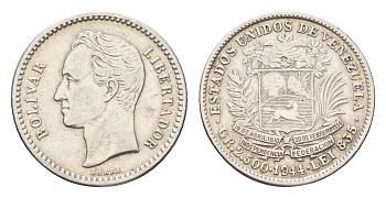 Венесуэла 1/2 боливара 1944 редкий год Y 21a серебро 1525-1413