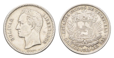 Венесуэла 1/2 боливара 1944 редкий год Y 21a серебро 1525-1413