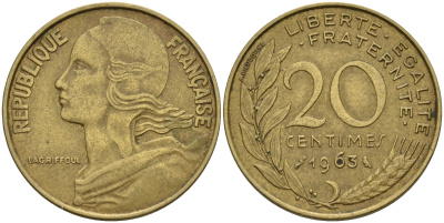 Франция 20 сантимов 1963 тип Marianne KM 930 алюминиевая бронза    4603-111