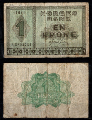 Норвегия 1 крона 1941 Pick 15 a бумага 7457-27-2-1