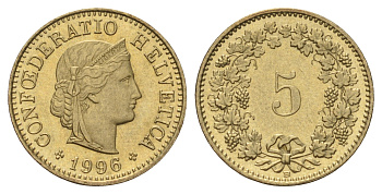 Швейцария 5 раппеноов 1996 B KM 26c алюминиевая бронза UNC 4682-132