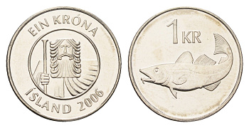 Исландия 1 крона 2006 треска KM 27a сталь плакированная никелем UNC 4691-557