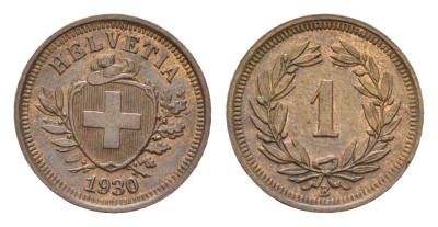 Швейцария 1 раппен 1930 B KM 3.2 бронза aUNC 46-545