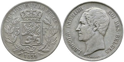 Бельгия 5 франков 1851 Леопольд I (1831-1865), точка над датой KM 17 серебро 1067-3-61