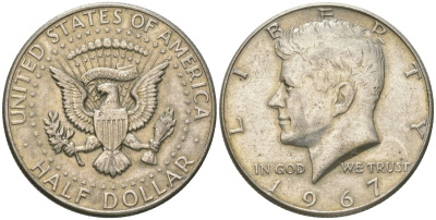США 1/2 доллара (50 центов) 1967 Джон Кеннеди KM 202a серебро 221-1023